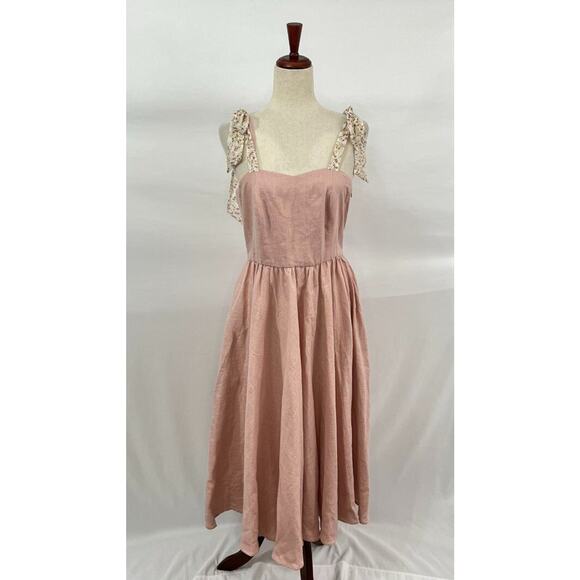 BEDRA Vintage Sz S Small Pale Pink Linen Tie Shoulder Midi Juliet Dress NWT - Picture 10 of 13